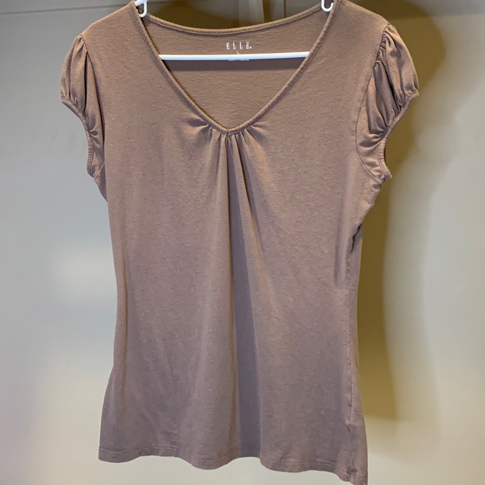 Elle Brown V Neck Top with Cap Sleeves